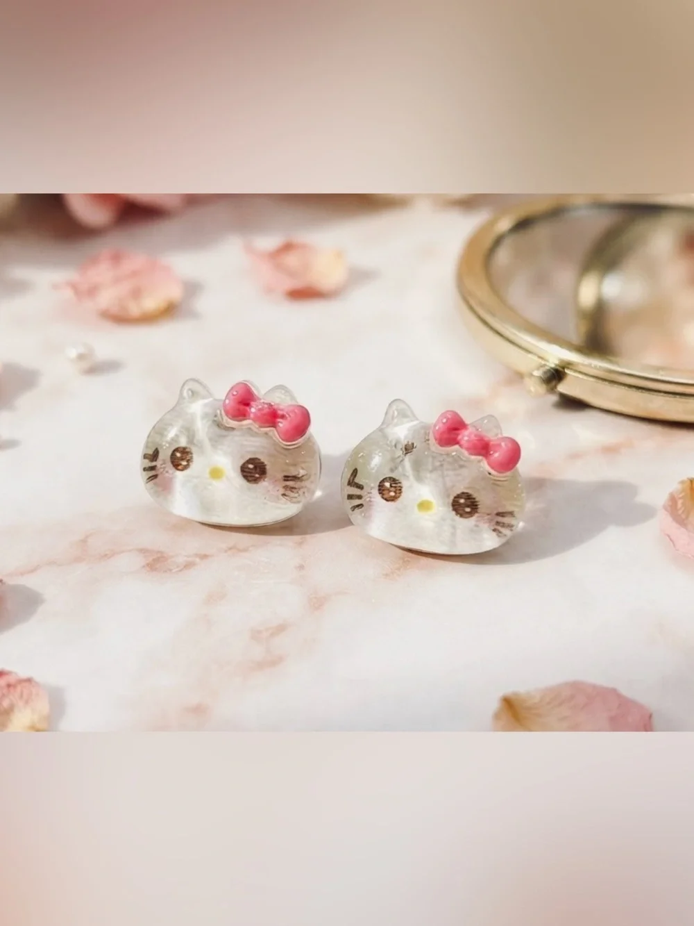 Clear Cat Face Stud Earrings with Pink Bow - 3 Pair of Earrings for $10.